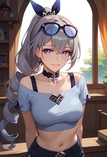 star rail,silver wolf,crop top,loose joggers,headset  - AI generated anime art